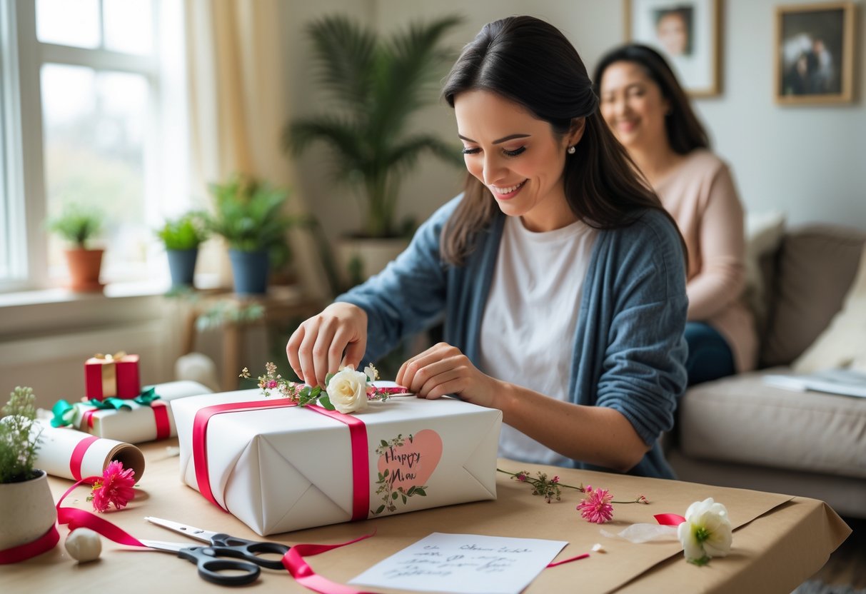 A young adult wrapping a personalized gift for their mother in a cozy living room while the mother watches with a smile.