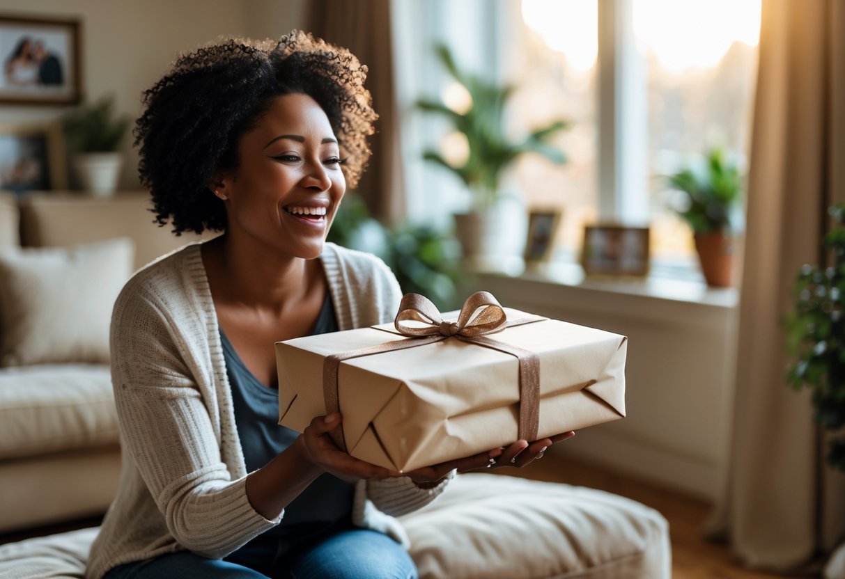 A mother smiling warmly as she receives a personalized gift from her child in a cozy living room.
