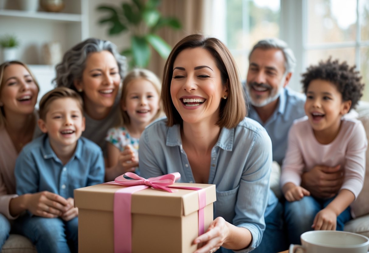 A mother happily opening a personalized gift while family members watch with smiles in a cozy living room.