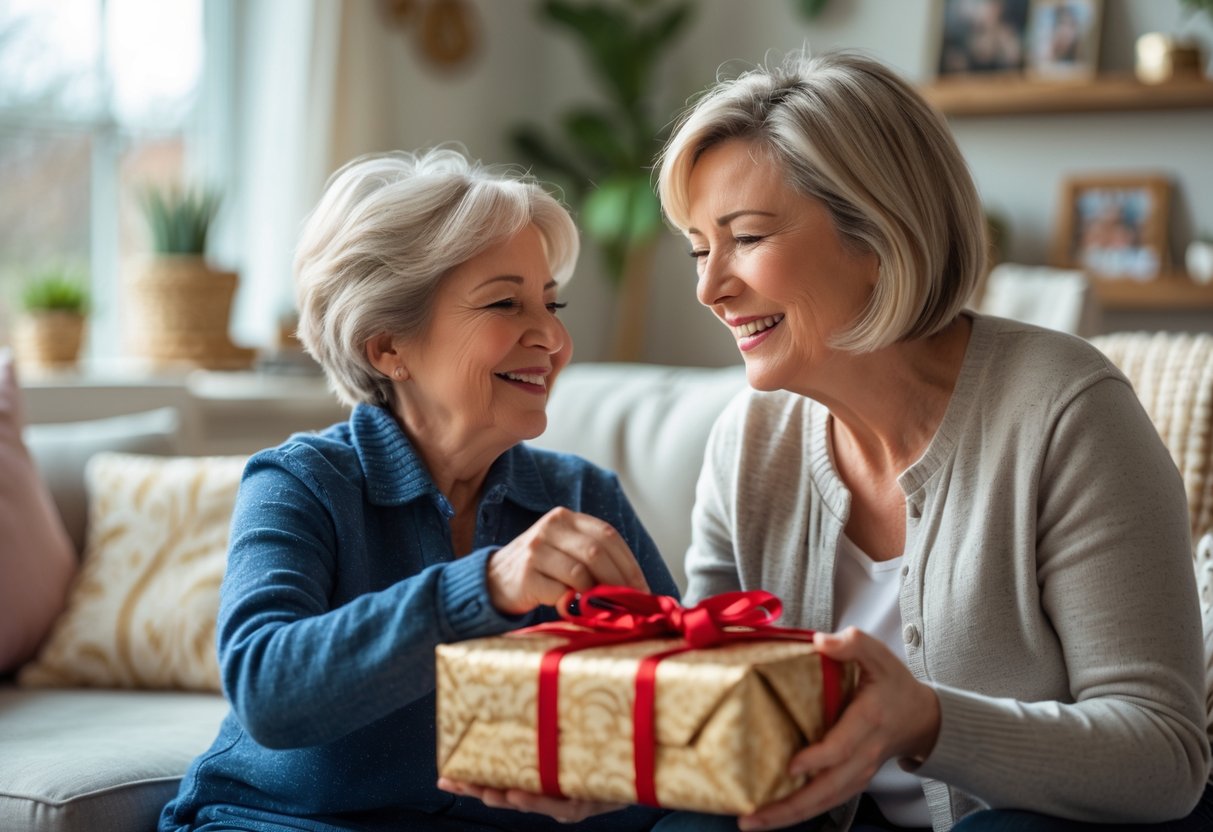 A mother receiving a personalized gift from her adult child in a cozy living room, both sharing a warm and emotional moment.
