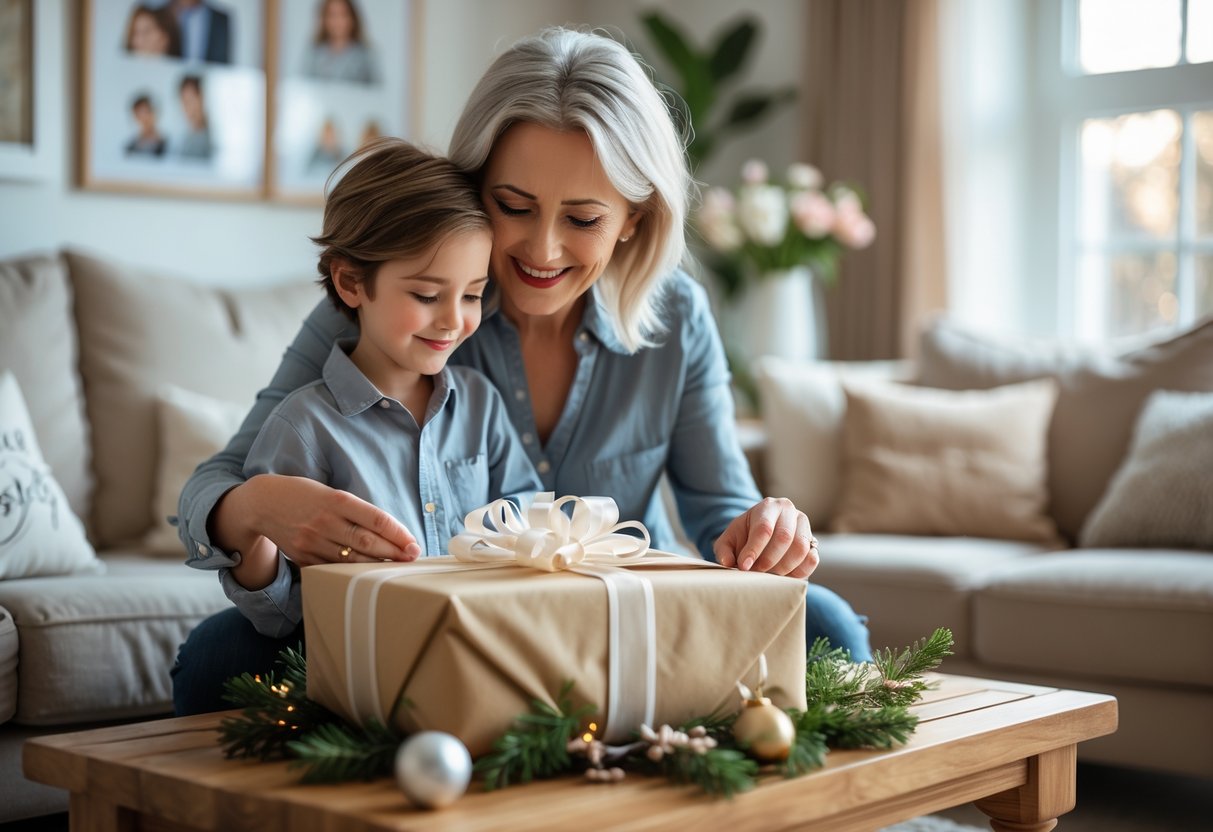 A mother and adult child share a warm moment as the child gives the mother a beautifully wrapped gift in a cozy living room.