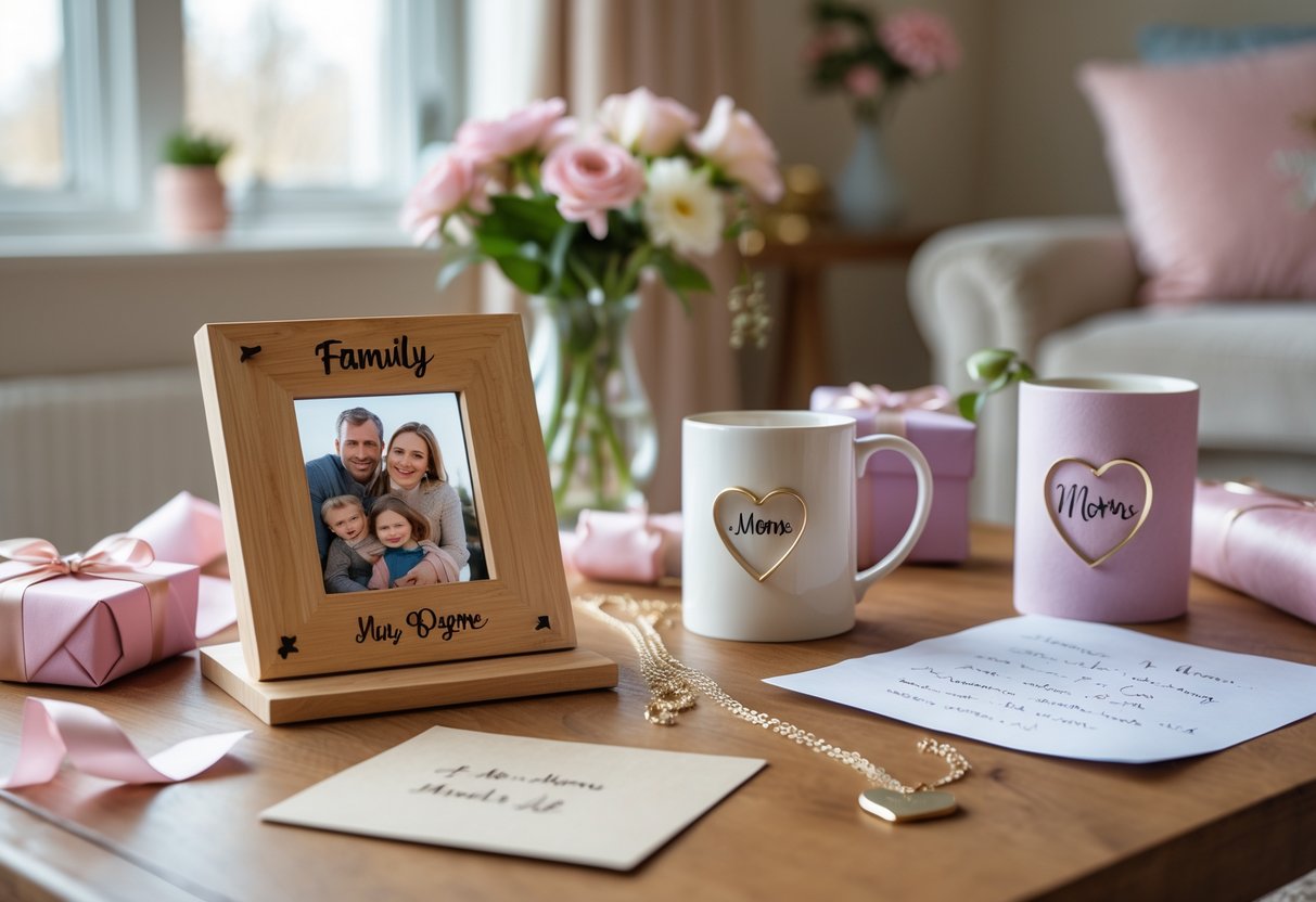 A variety of personalized gifts for moms including a photo frame, name necklace, mug, and handwritten note arranged on a wooden table with flowers and soft natural light.
