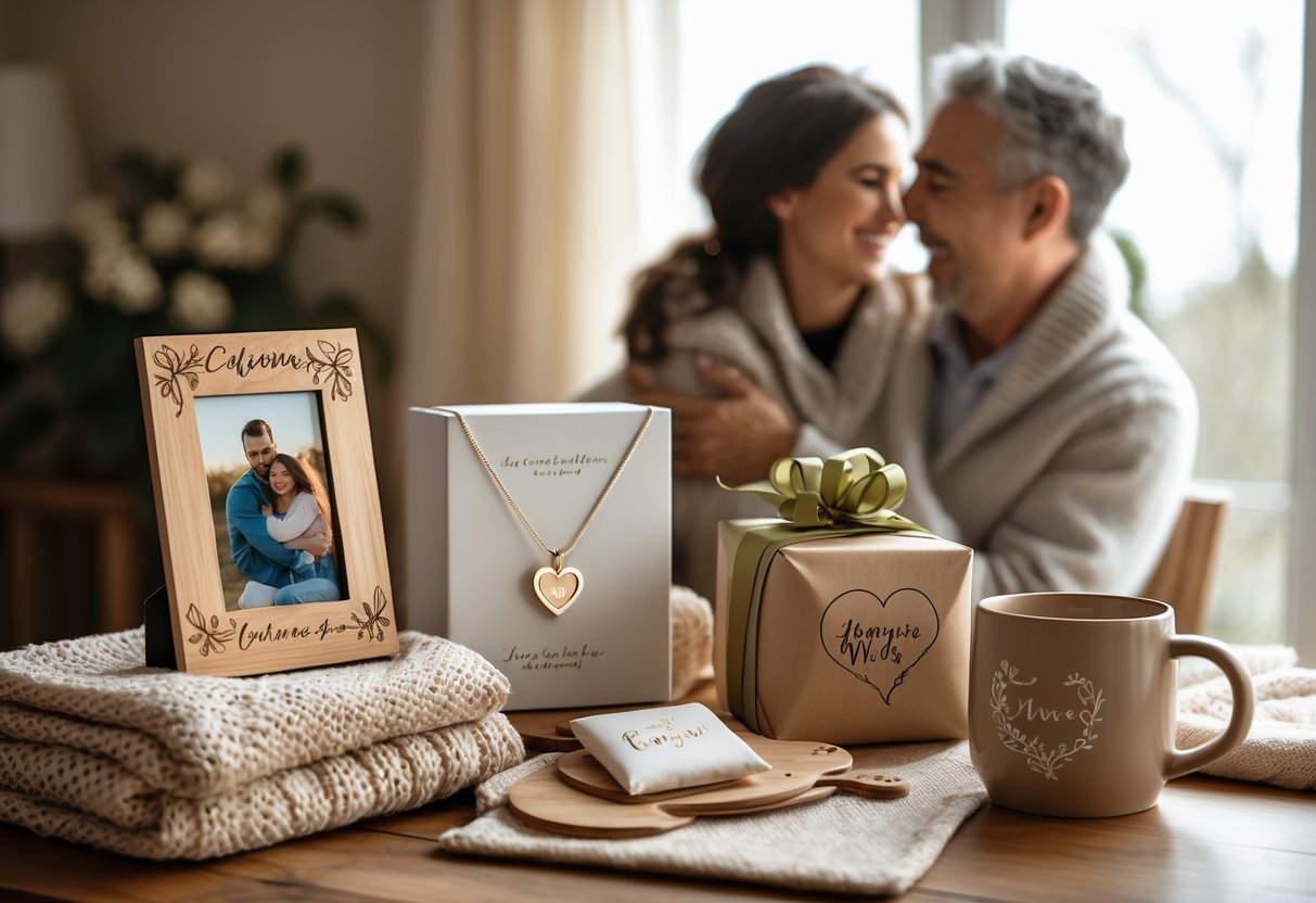 A mother and adult child sharing a warm embrace near a table displaying various personalized gifts like a photo frame, knitted blanket, necklace, and ceramic mug.