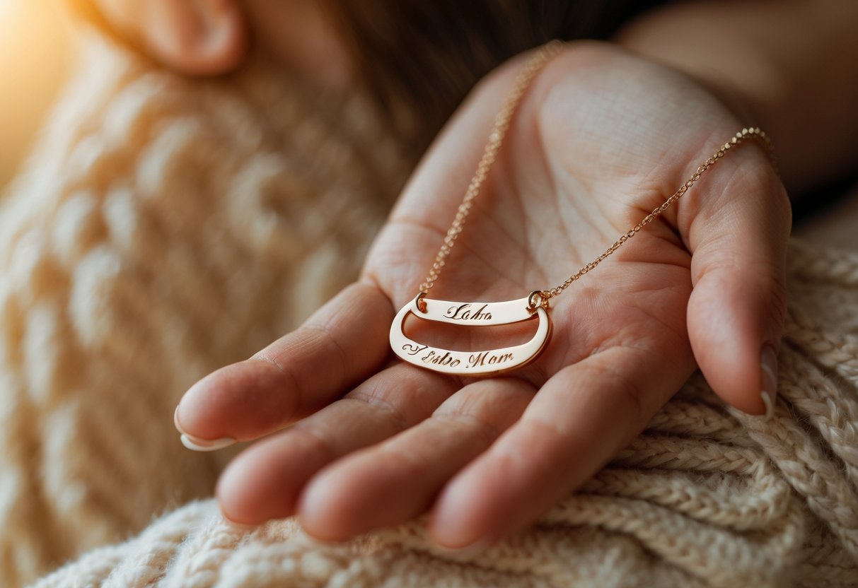 A close-up of a mother’s hand holding a delicate personalized necklace with engraved names, conveying love and connection.