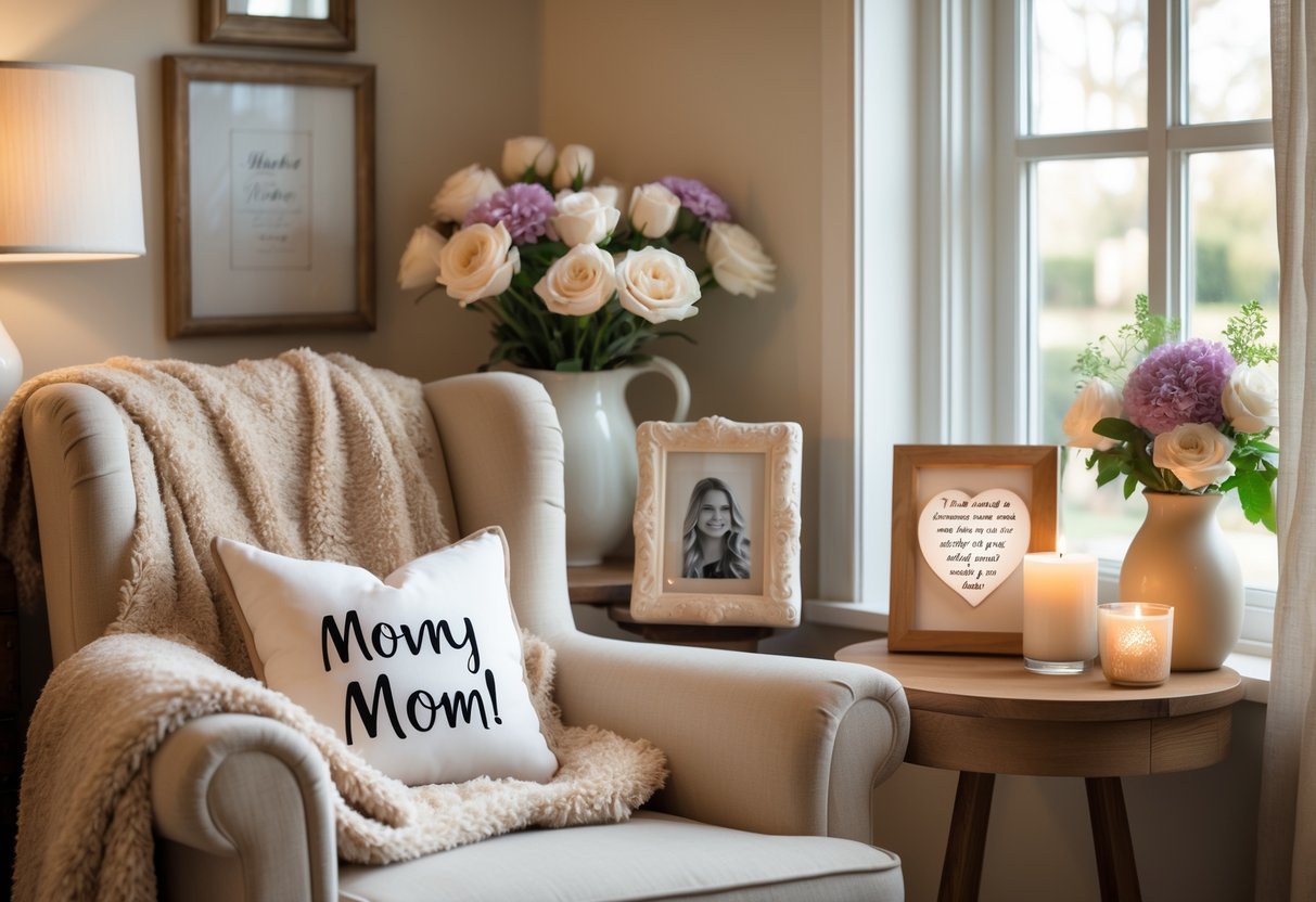 A cozy home corner with a comfortable armchair, personalized decor items, fresh flowers, and soft natural light, creating a special space for a mother.