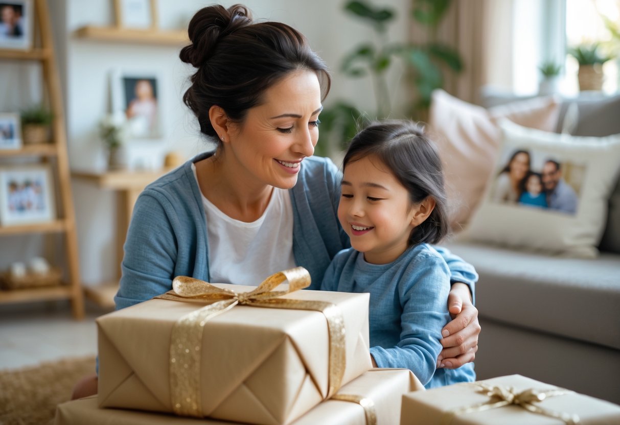 A mother happily receiving a personalized gift from her child in a cozy living room.