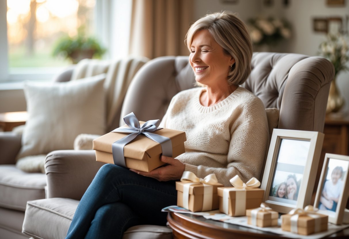 A mother sitting in a cozy living room holding a wrapped personalized gift, surrounded by various customized presents on a table nearby.