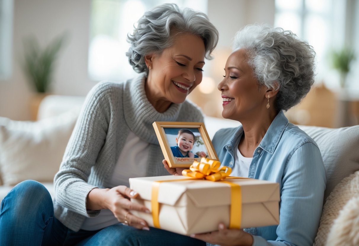 A mother happily receiving a customized gift from her adult child in a cozy indoor setting.