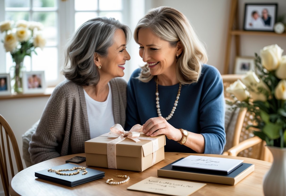 A mother and adult child sitting at a table as the child gives her a wrapped personalized gift, surrounded by other customized items and warm home decor.