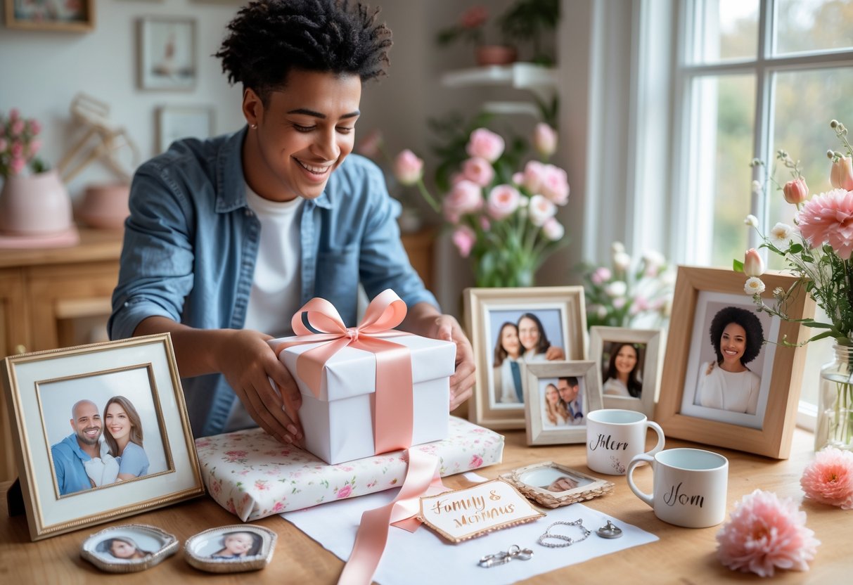 A person wrapping a personalized gift box surrounded by customized gifts and home decor in a cozy room.