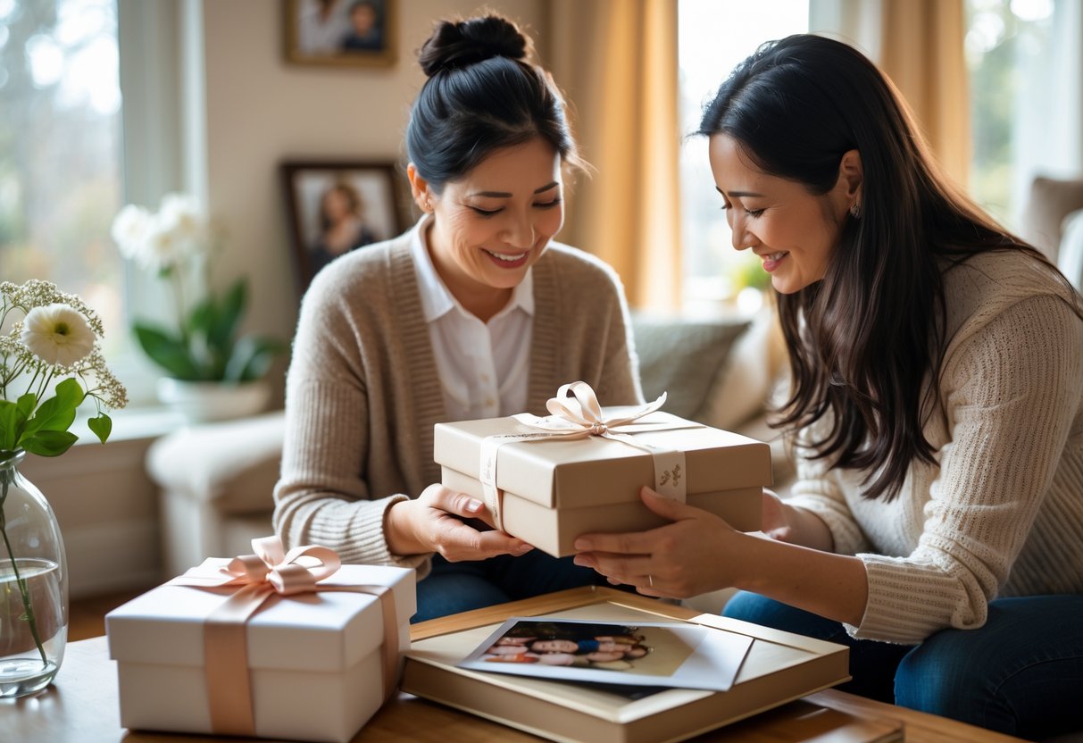 A mother and adult child sharing a warm moment while exchanging and arranging personalized gifts in a cozy living room.