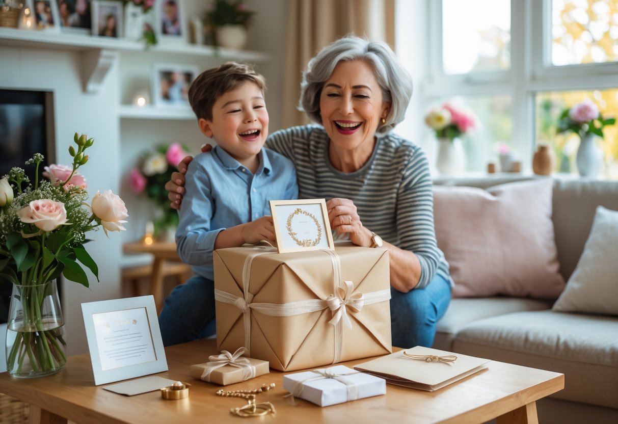 A mother happily receiving a customized gift from her adult child in a cozy living room.
