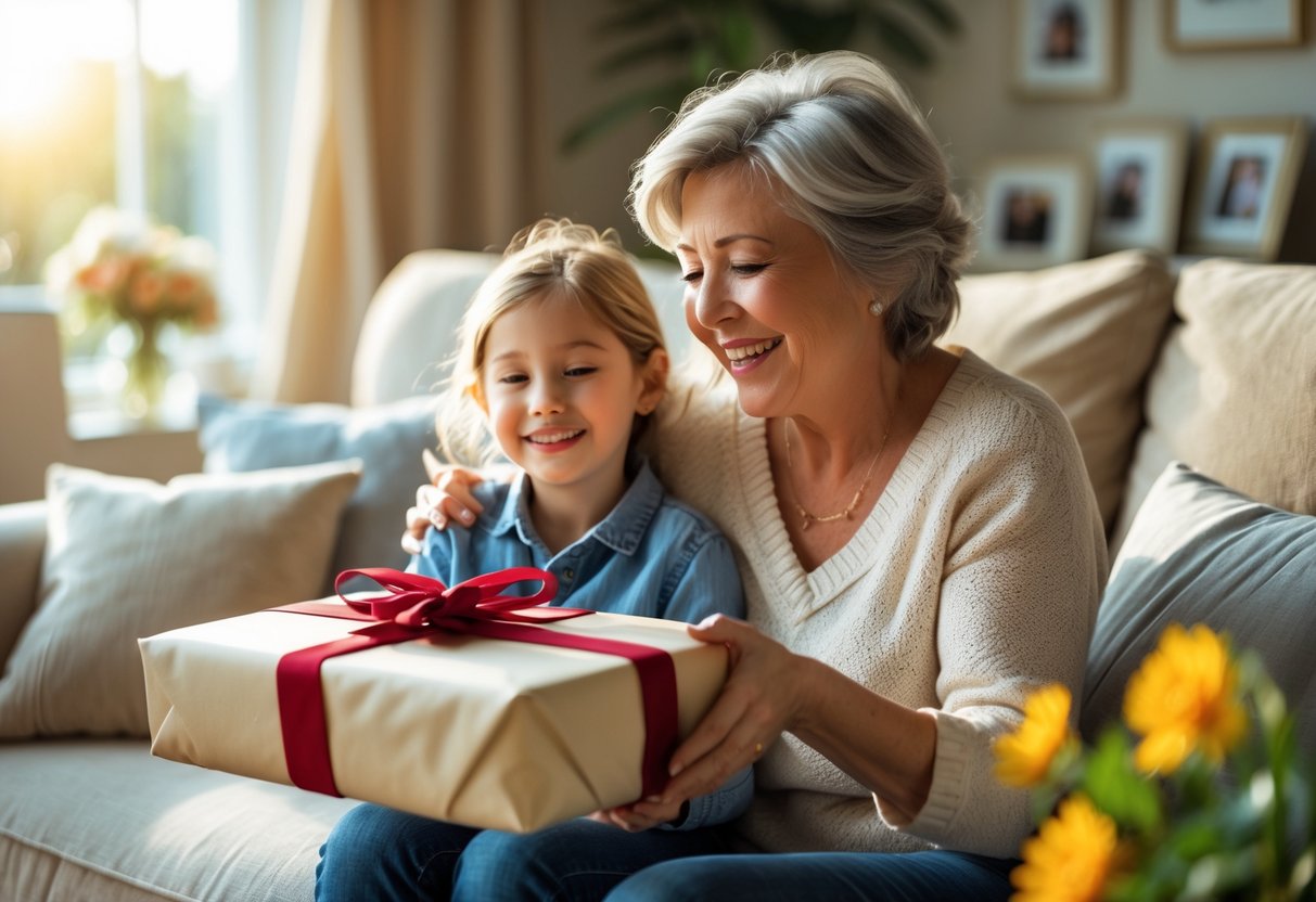 A mother happily receiving a personalized gift from her adult child in a cozy living room.