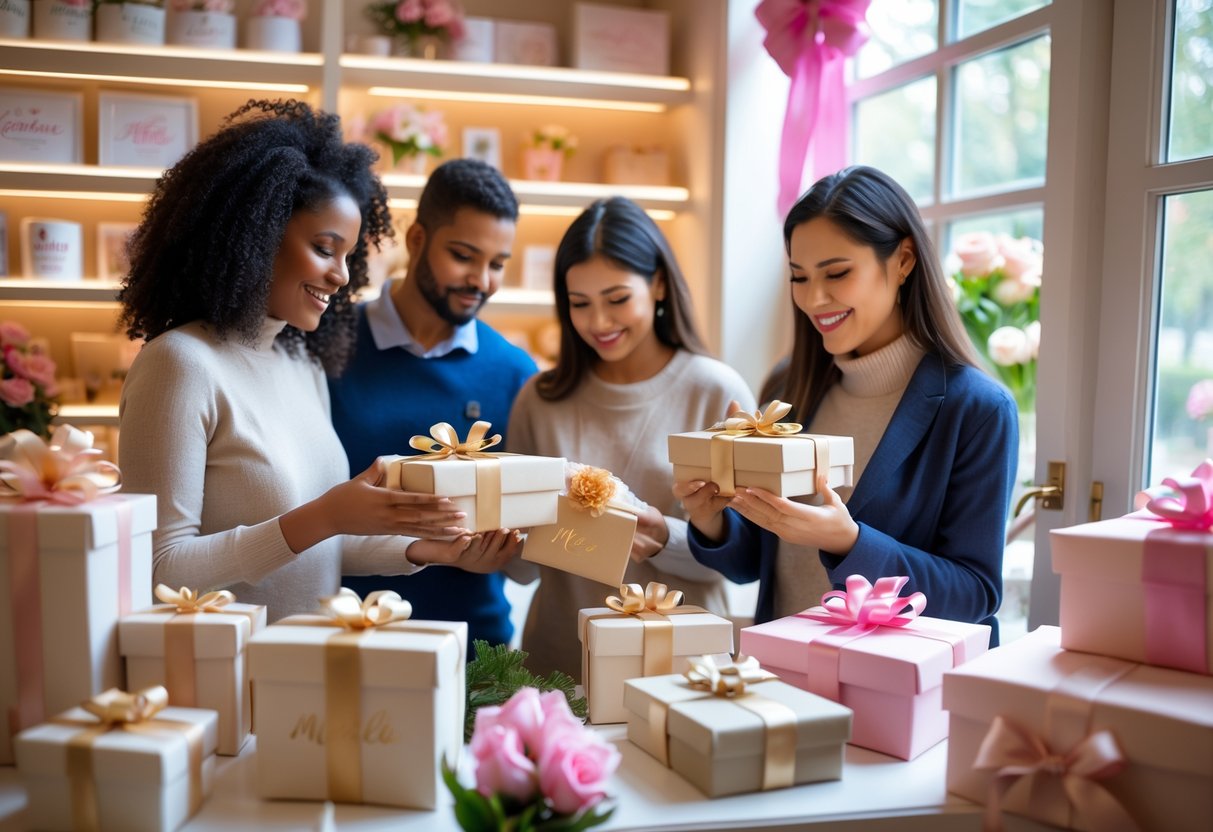 People choosing personalized gifts in a cozy gift shop filled with wrapped presents and keepsakes.