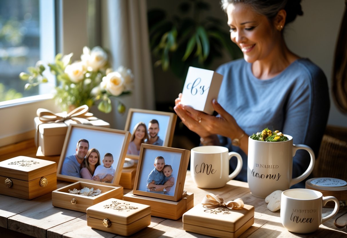 A mother smiling while holding a custom-made gift surrounded by personalized keepsakes like engraved boxes and photo frames on a wooden table.