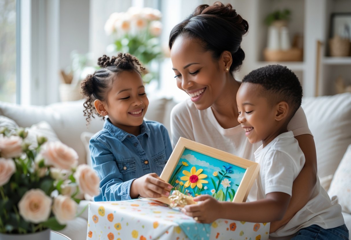 A mother smiling as she unwraps a custom artwork gift from her child in a cozy living room.