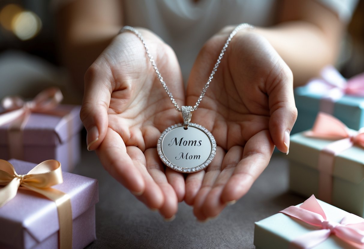 Close-up of a woman's hands holding a personalized engraved necklace surrounded by wrapped gift boxes in a warm, cozy home setting.