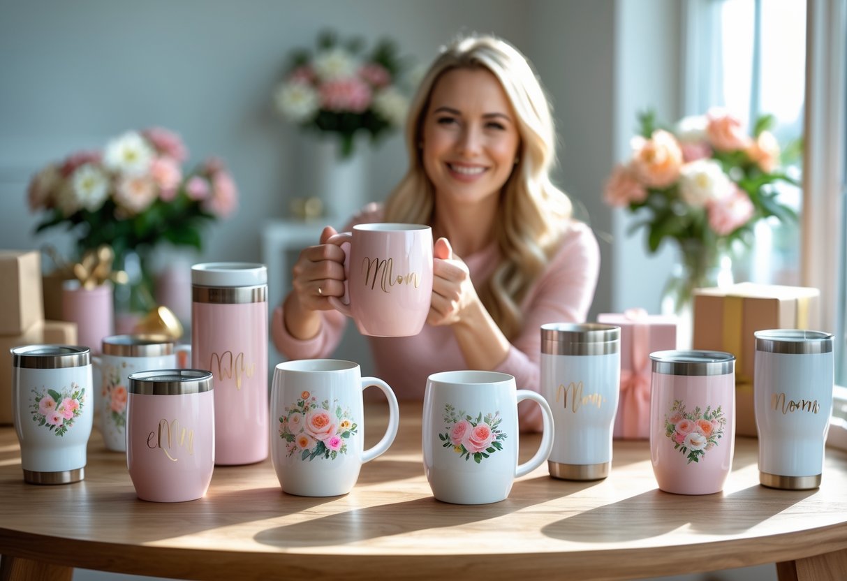 A mother happily holding a customized mug surrounded by various personalized drinkware on a wooden table with flowers and gift boxes.