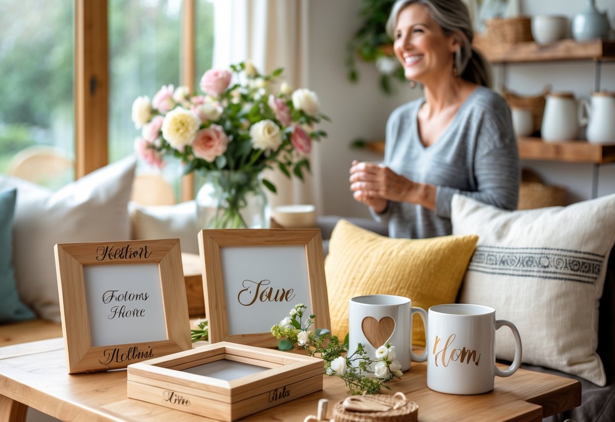 A woman admiring personalized gifts like photo frames, monogrammed pillows, and custom mugs arranged on a wooden table in a cozy, sunlit home.
