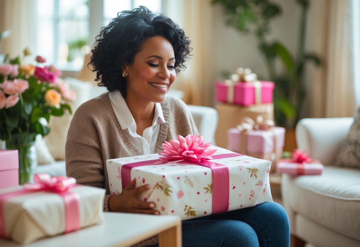 A mother happily opening a personalized gift from her adult child in a cozy living room.