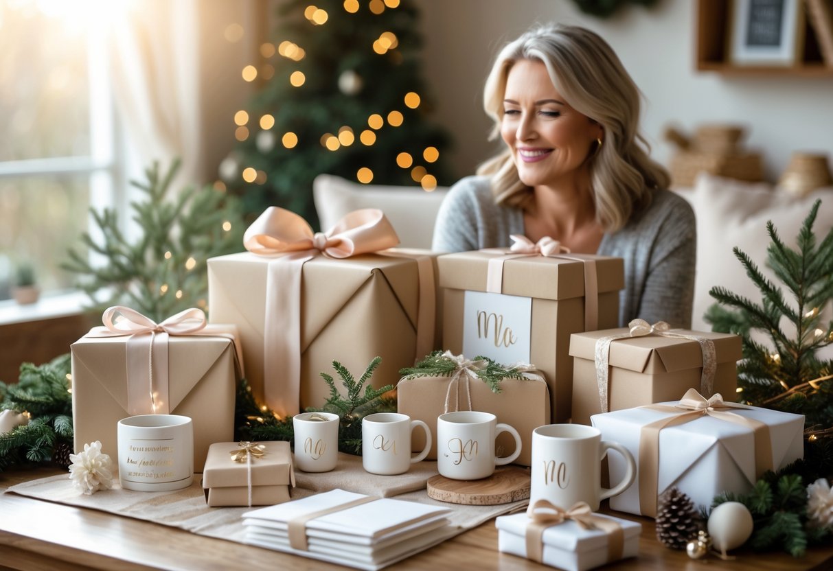 A mother admiring a collection of personalized holiday gifts arranged on a table in a cozy, warmly lit living room.