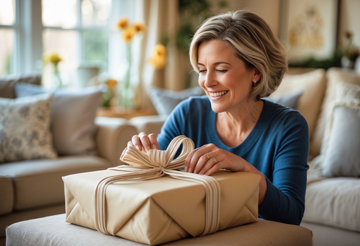 A mother happily opening a personalized gift in a cozy living room, showing surprise and joy.
