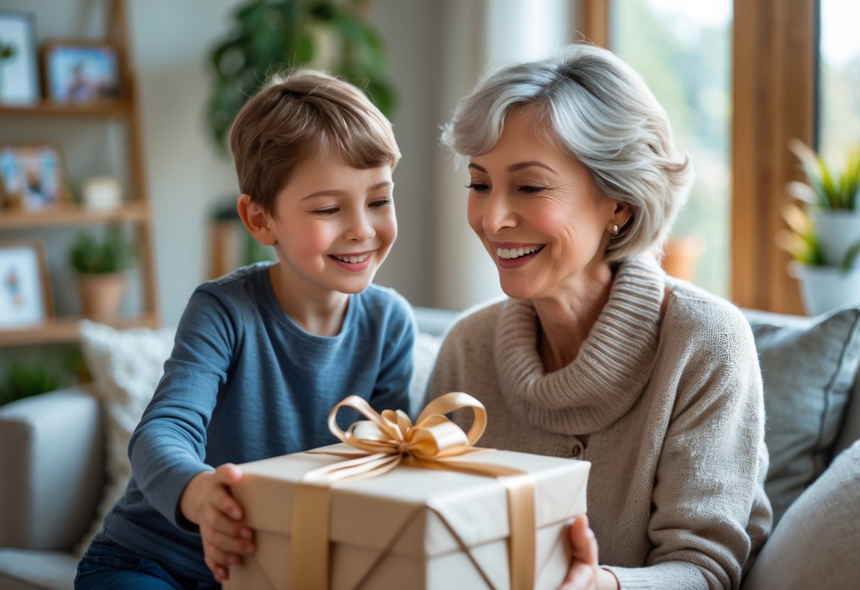 A mother smiling as she receives a beautifully wrapped gift from her adult child in a cozy living room.
