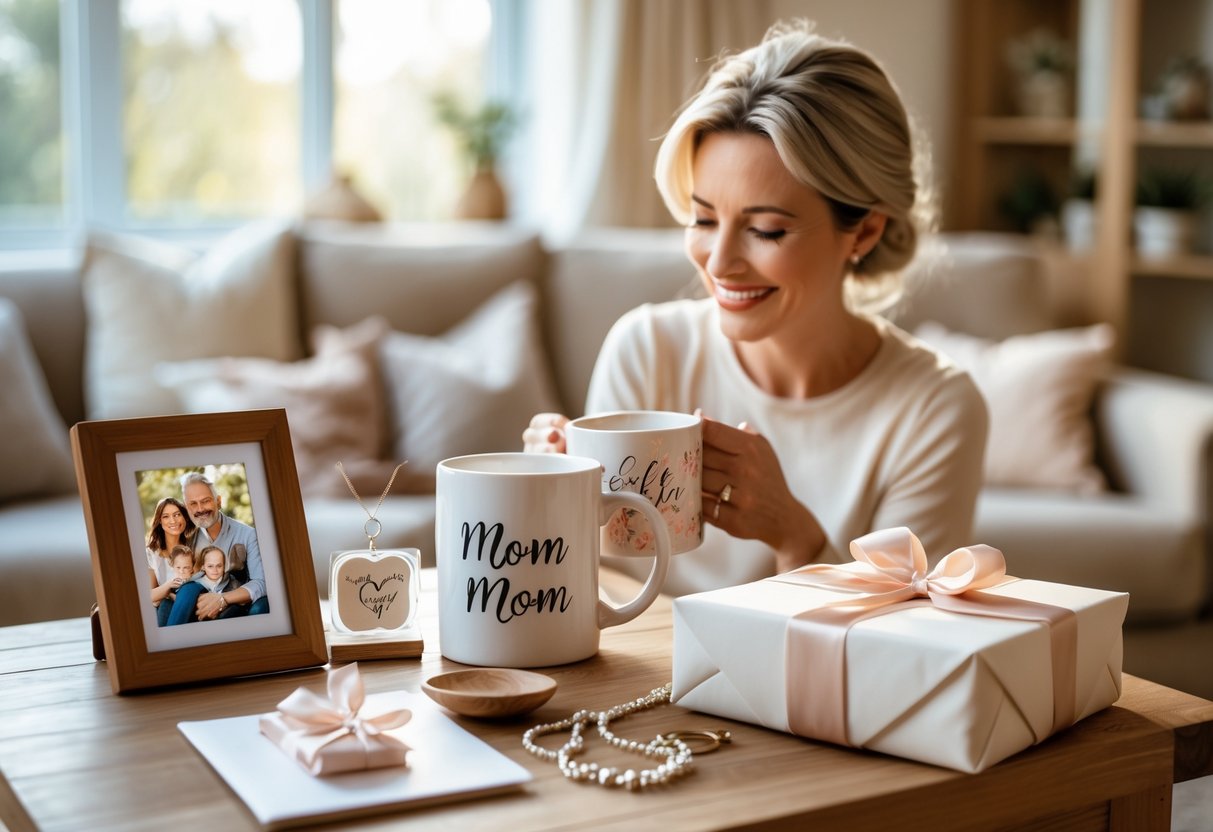 A mother smiling warmly while holding a personalized gift in a cozy living room filled with various customized presents on a wooden table.
