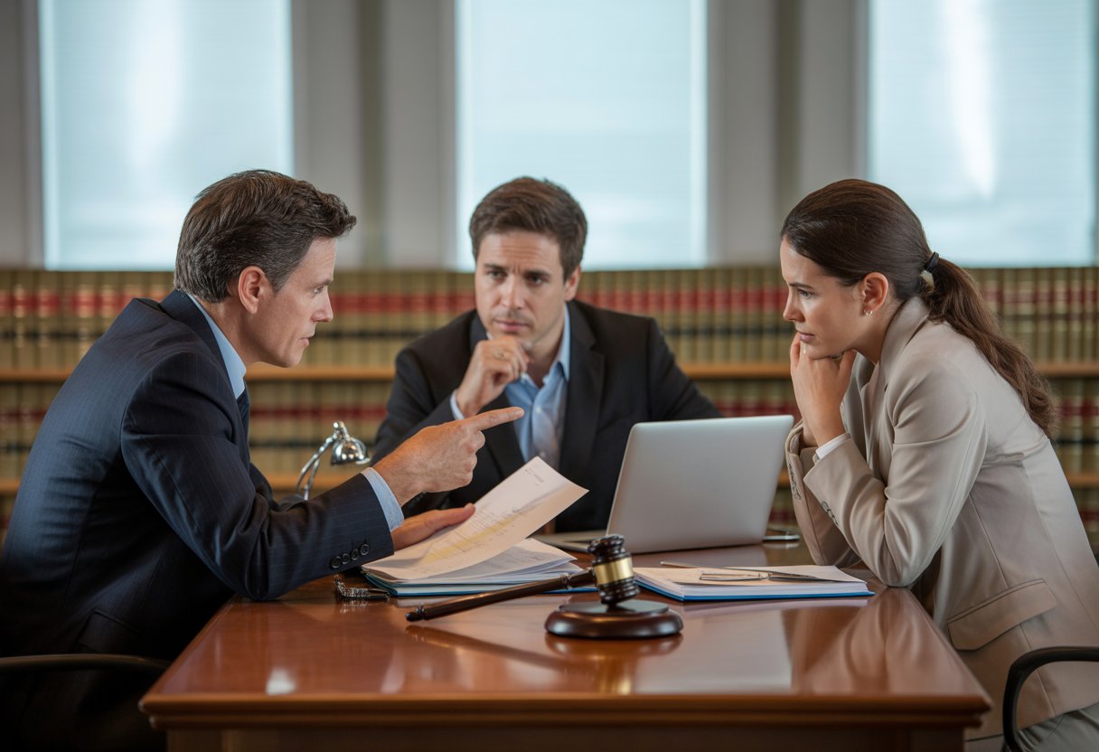 Heling: wanneer ben je strafbaar zonder het te weten? Uitleg en tips 1 Drie mensen zitten aan een tafel in een kantoor en bespreken juridische documenten, met een advocaat die uitlegt.