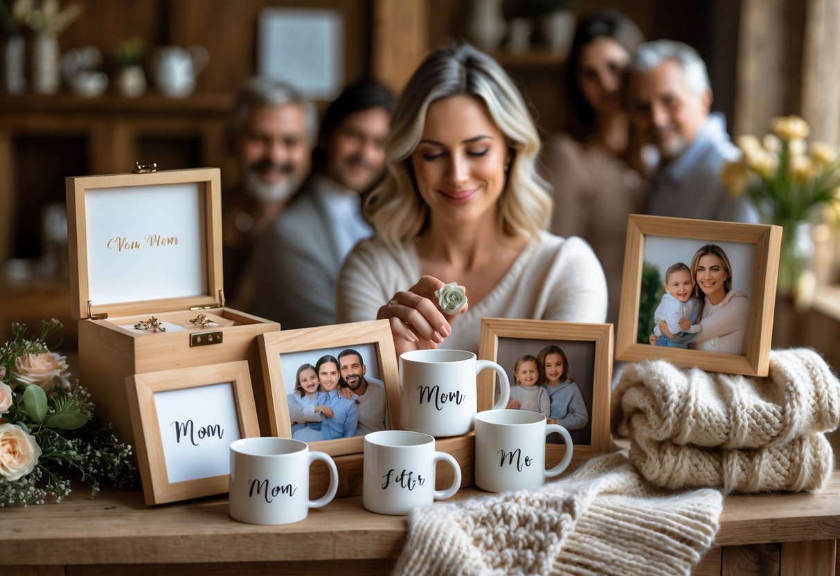 A mother smiling and holding a personalized gift surrounded by custom-engraved jewelry boxes, photo frames, and hand-painted mugs on a wooden table.