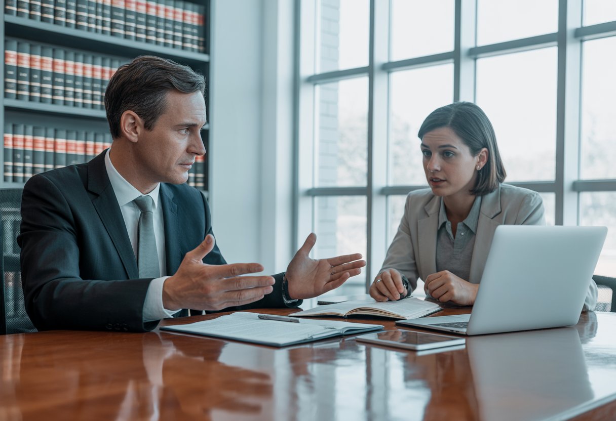 Heling: wanneer ben je strafbaar zonder het te weten? Uitleg en tips 2 Een advocaat legt een cliënt juridische zaken uit in een kantoor, beiden zitten aan een bureau met documenten en een laptop.
