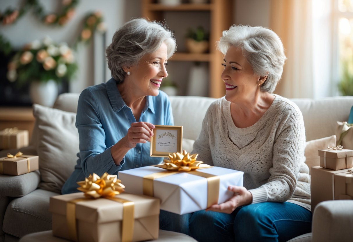 A mother happily receiving a personalized gift from her adult child in a cozy living room, surrounded by soft natural light and decorations for a special occasion.