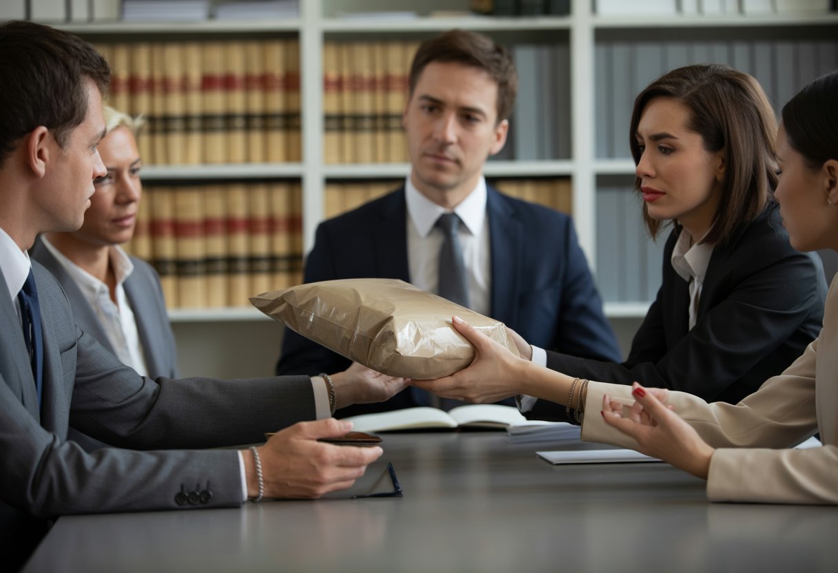 Heling: wanneer ben je strafbaar zonder het te weten? Uitleg en tips 3 Mensen in een kantoor die een pakket overhandigen tijdens een serieus gesprek.