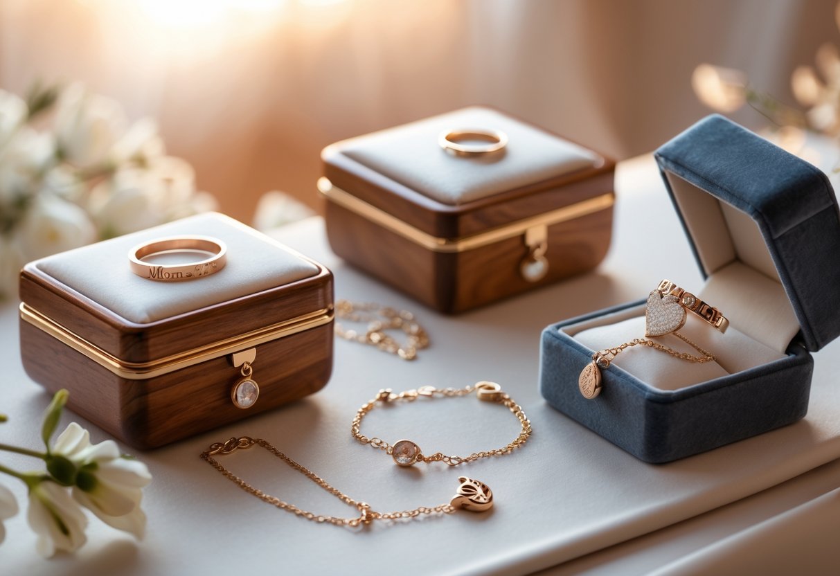A collection of personalized jewelry and elegant jewelry boxes arranged on a table with soft lighting.