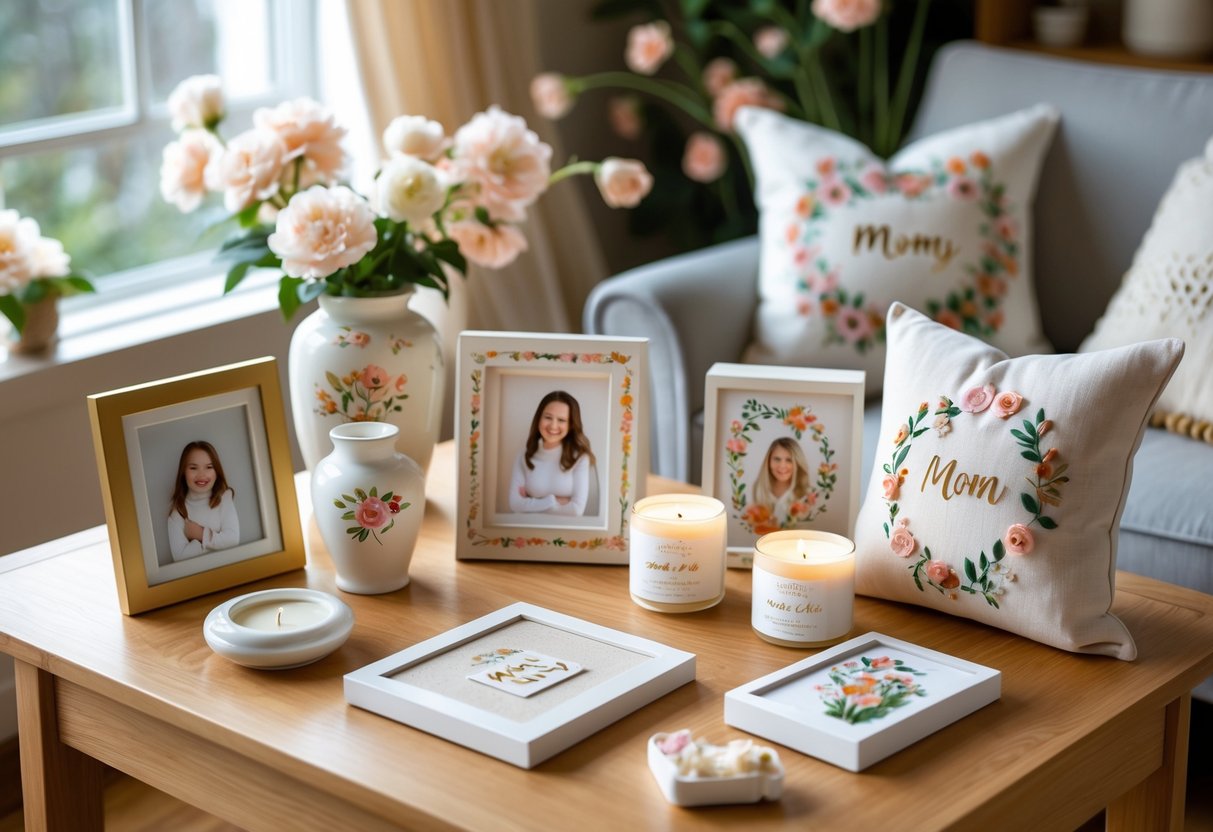 A collection of personalized home decor gifts arranged on a table in a cozy living room setting.