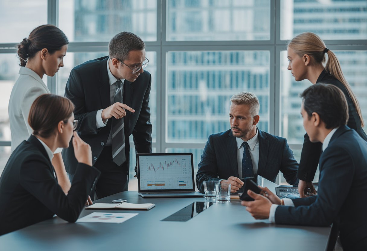 Een groep zakelijke professionals in een vergaderruimte bespreekt financiële documenten en gegevens op een laptop.