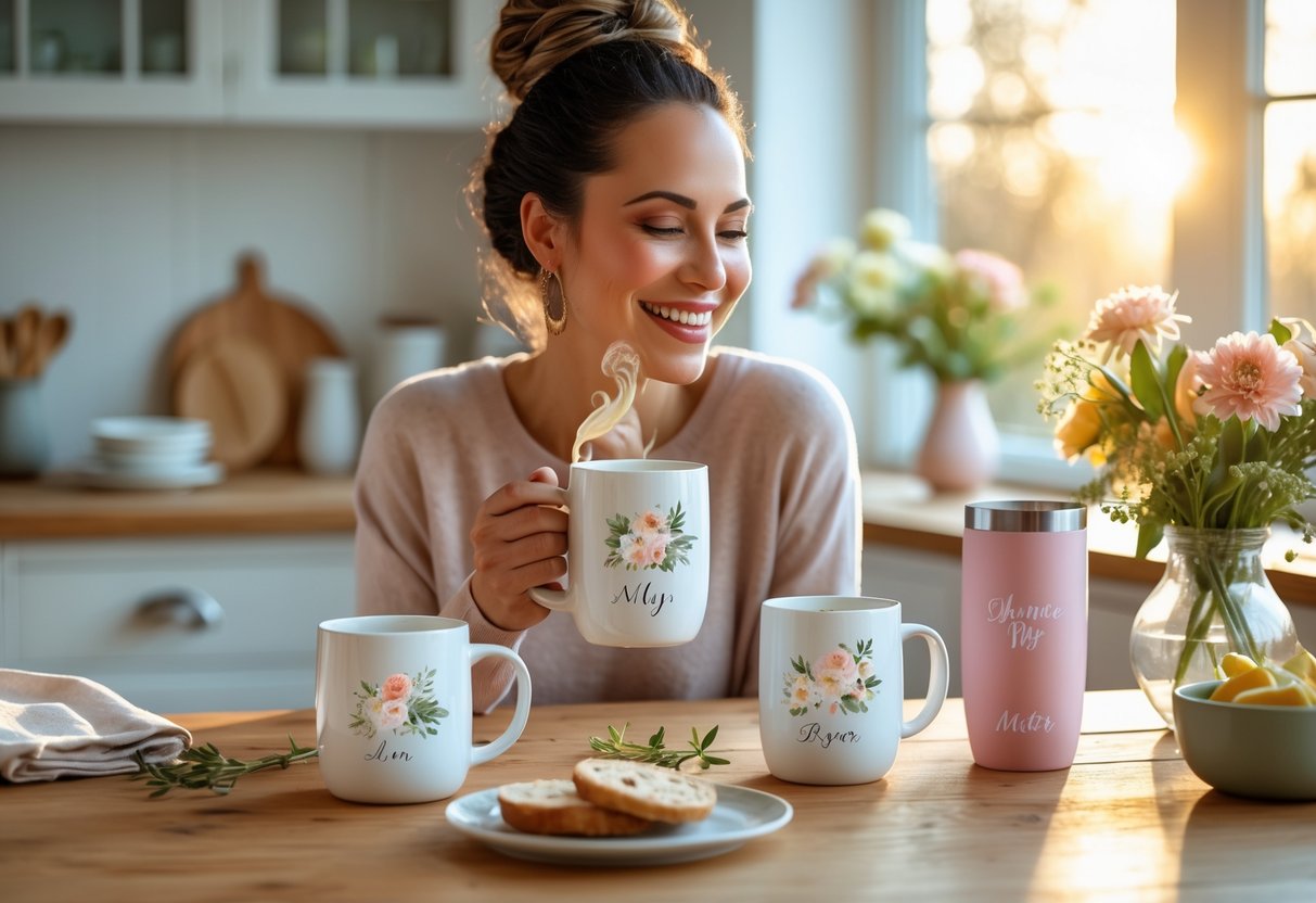 A woman enjoying a morning drink from a personalized mug at a wooden table with other customized drinkware and flowers in a cozy kitchen.