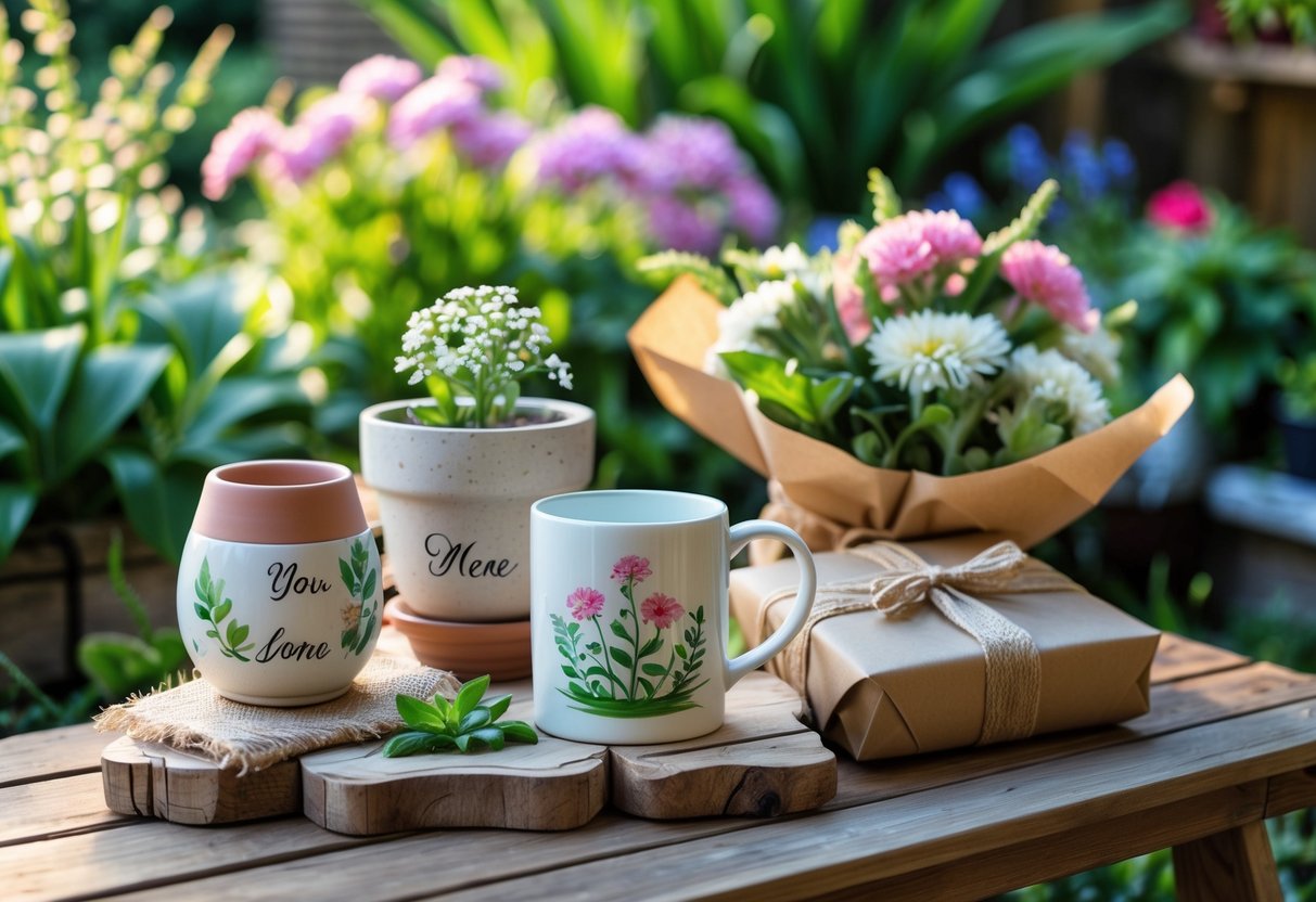 A wooden table in a garden displaying personalized flower pots, a hand-painted mug, and a bouquet of fresh flowers surrounded by green plants and blooming flowers.