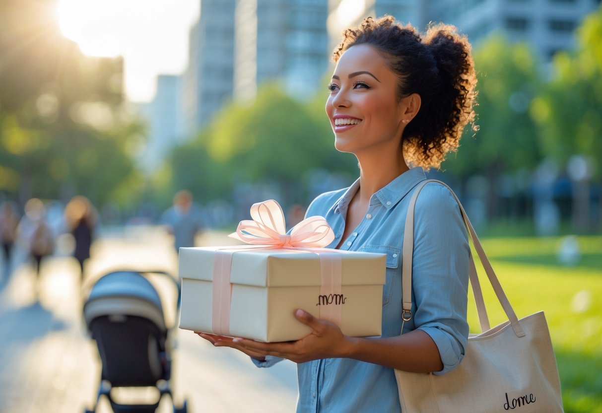 A smiling mother outdoors holding a beautifully wrapped personalized gift, standing near a stroller in a city park.