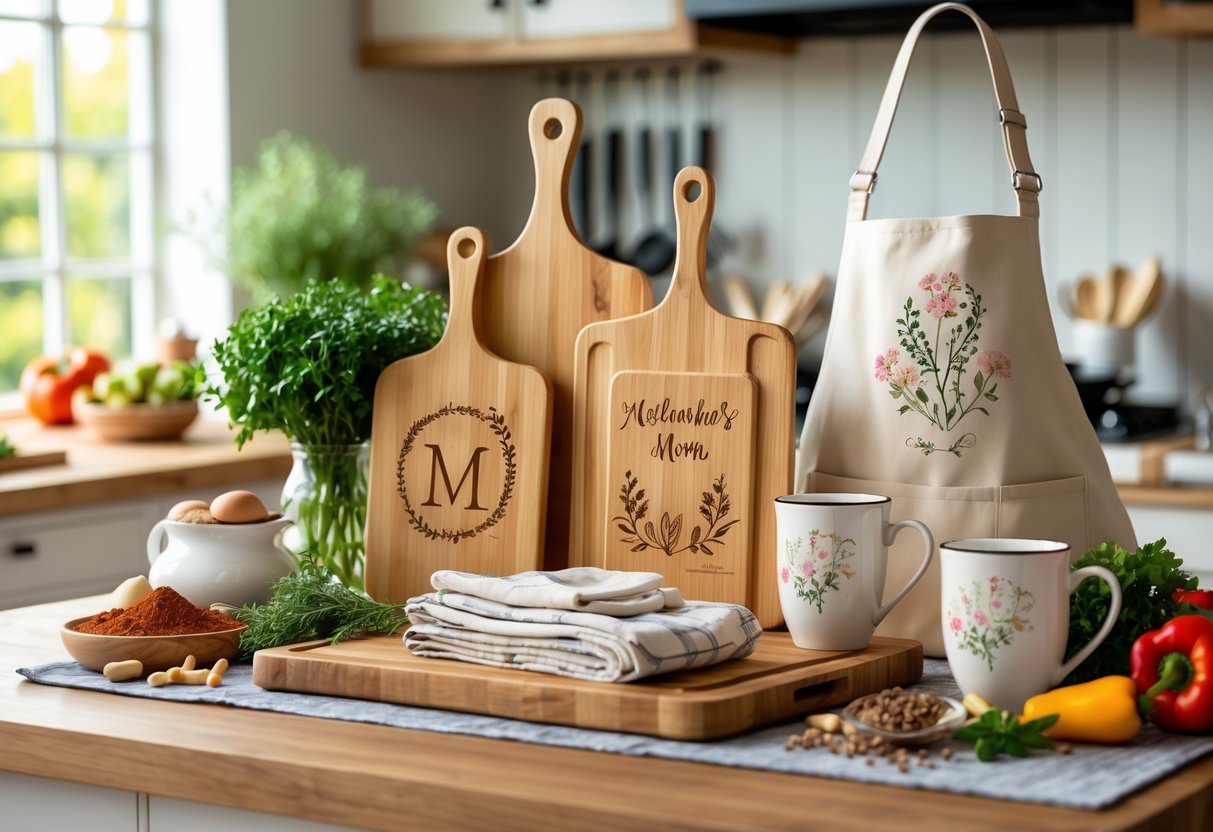 A kitchen countertop displaying personalized kitchen gifts such as engraved cutting boards, monogrammed aprons, and ceramic mugs surrounded by fresh herbs and vegetables.