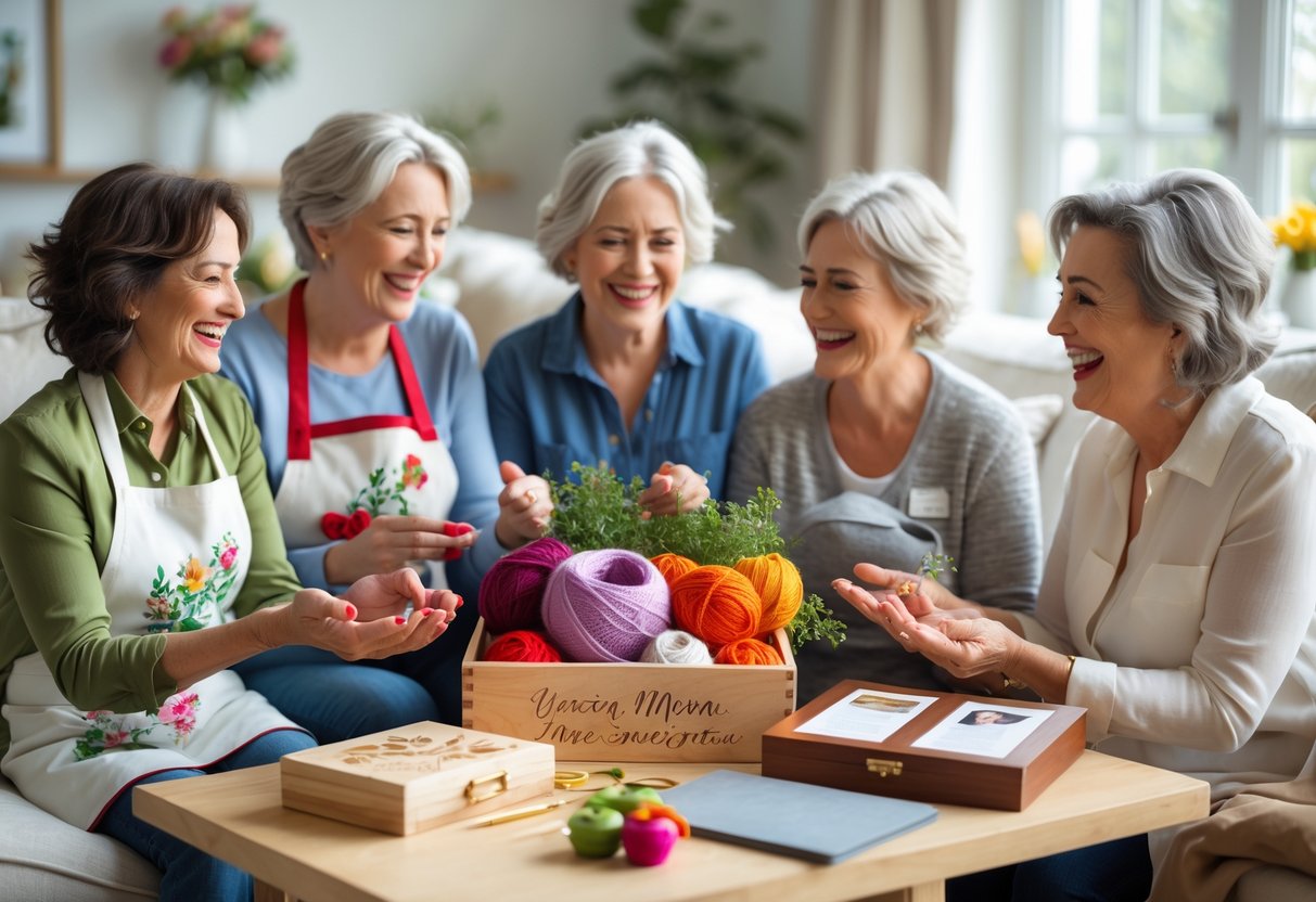Mothers happily receiving personalized gifts that reflect their hobbies in a cozy living room setting.
