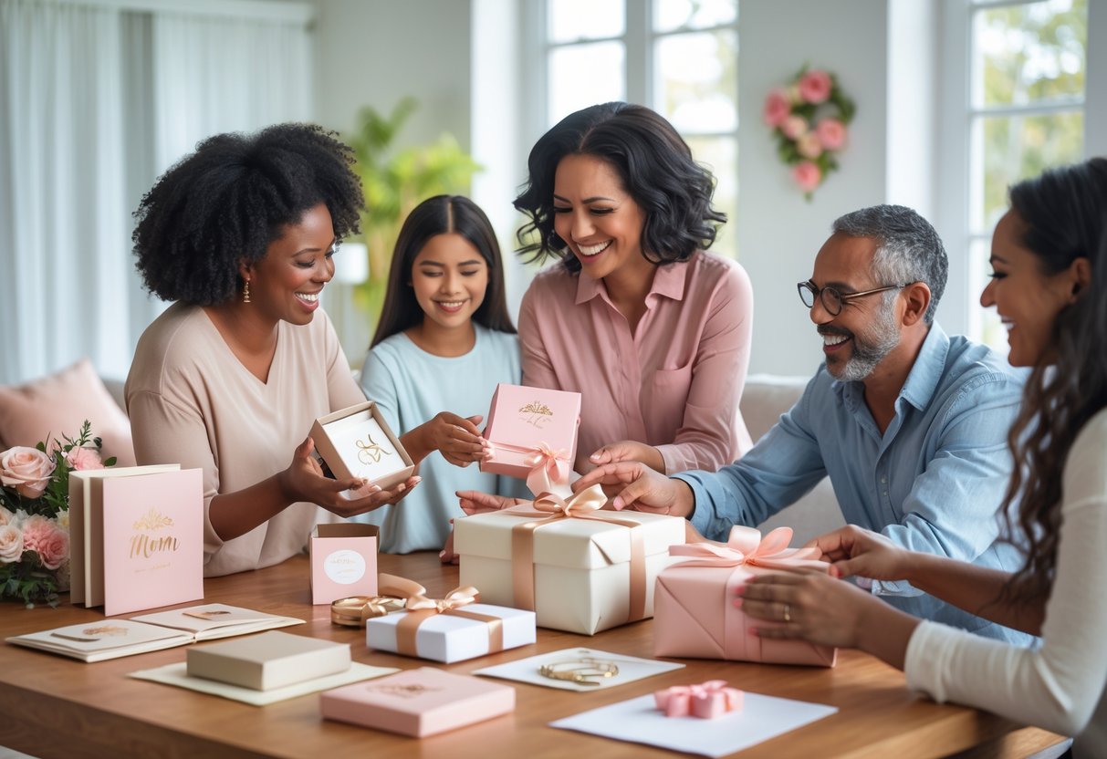 People selecting and wrapping personalized gifts for moms in a bright living room, showing smiles and thoughtful moments.