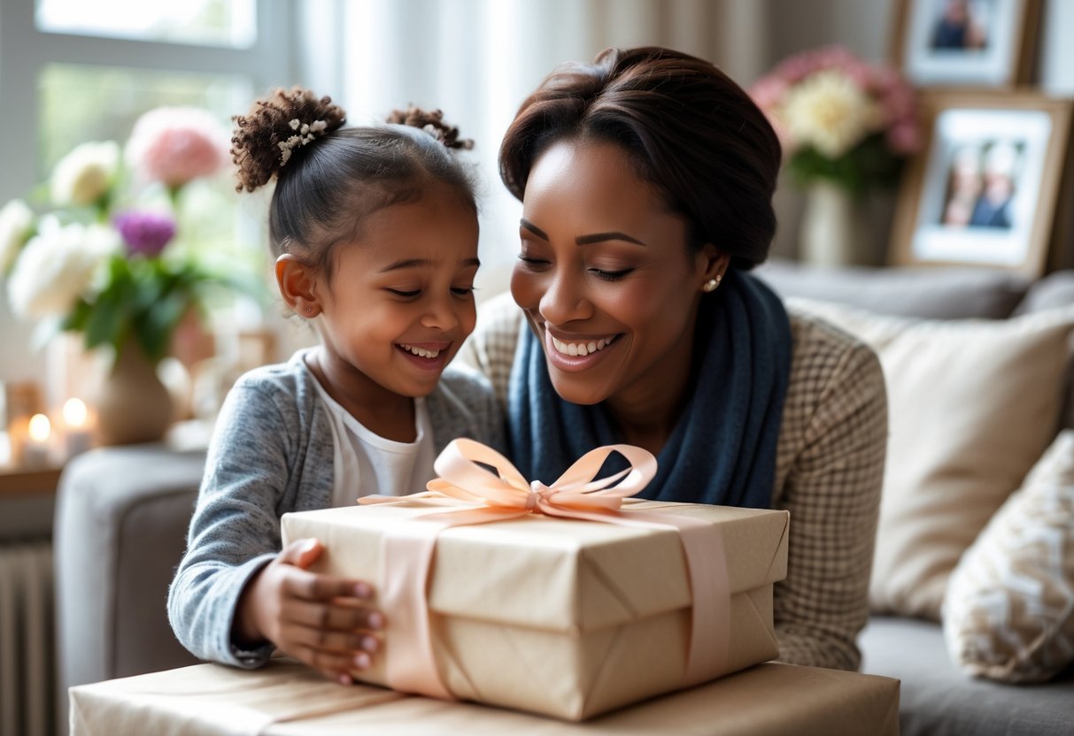 A mother happily receiving a wrapped customized gift from her child in a cozy living room.