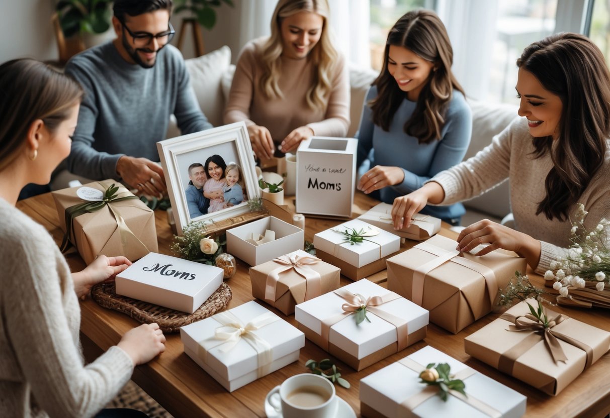 People selecting and wrapping personalized gifts for moms at a table filled with custom items and decorations.