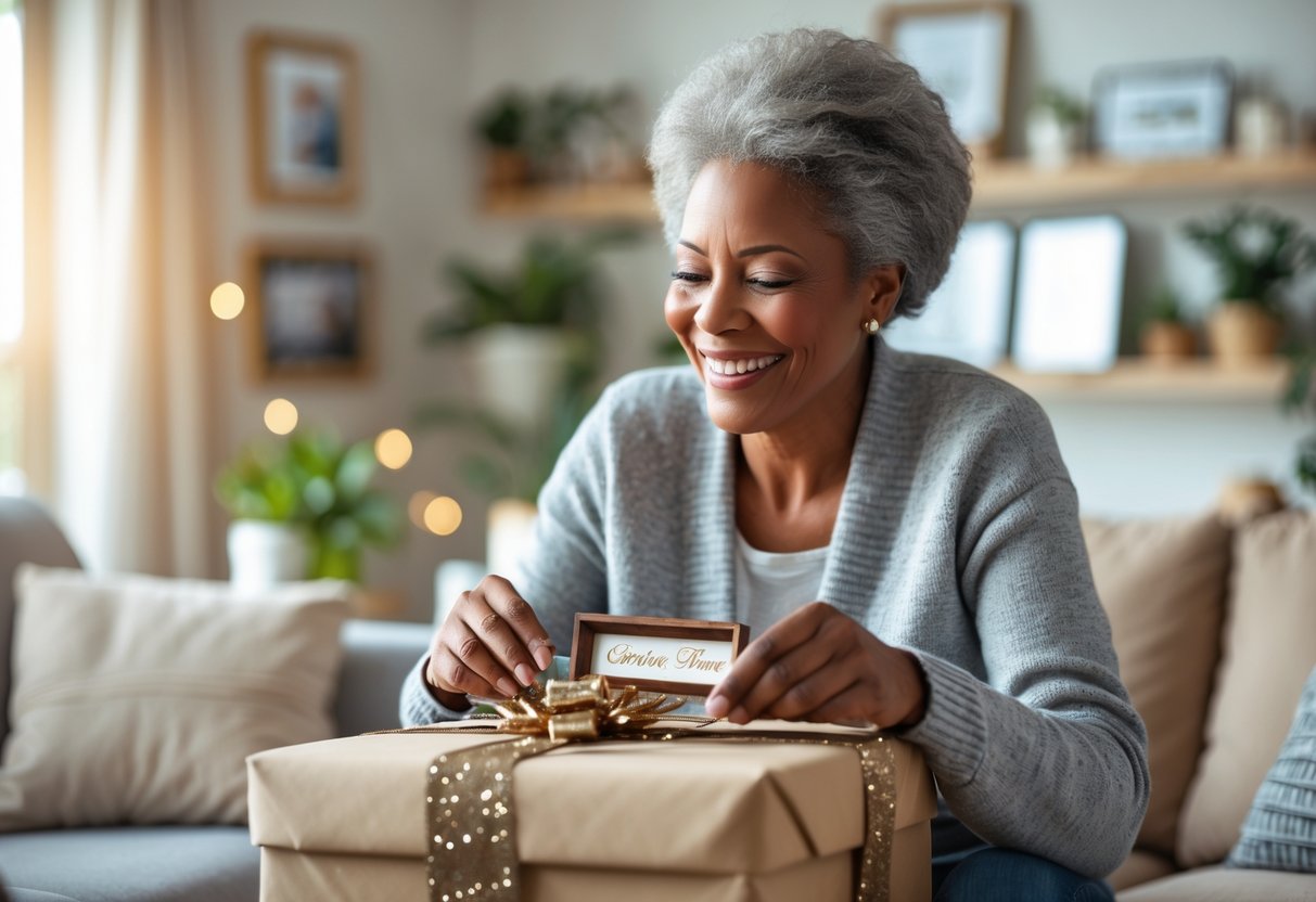 A mother smiling as she receives a personalized gift from her adult child in a cozy living room.