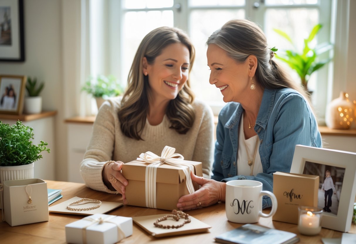 A mother and adult child sitting at a table as the child gives the mother a wrapped personalized gift, surrounded by various customized gift items.