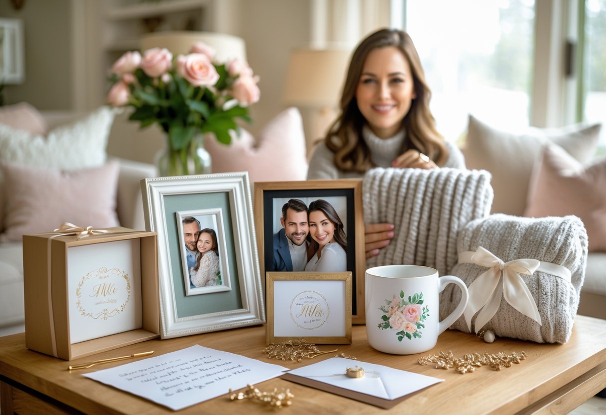A woman holding a personalized gift surrounded by various customized presents on a table in a cozy living room.