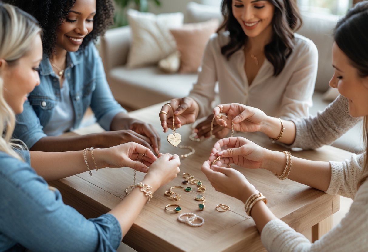 Women selecting personalized jewelry pieces on a table in a cozy living room setting.