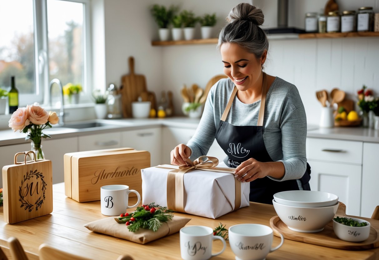A mother smiling as she unwraps a personalized kitchen gift at a wooden dining table filled with custom kitchenware in a bright, cozy kitchen.