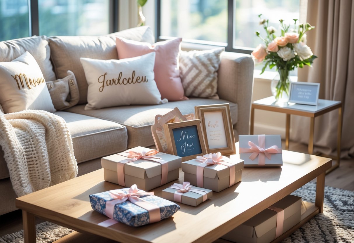 A cozy living room with personalized home decor gifts like custom pillows, photo frames, and gift boxes arranged on a sofa and coffee table.